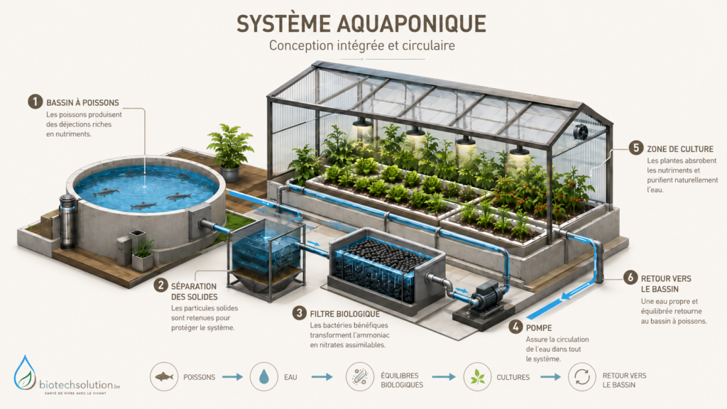Schéma de conception d’un système aquaponique reliant bassin, eau et cultures