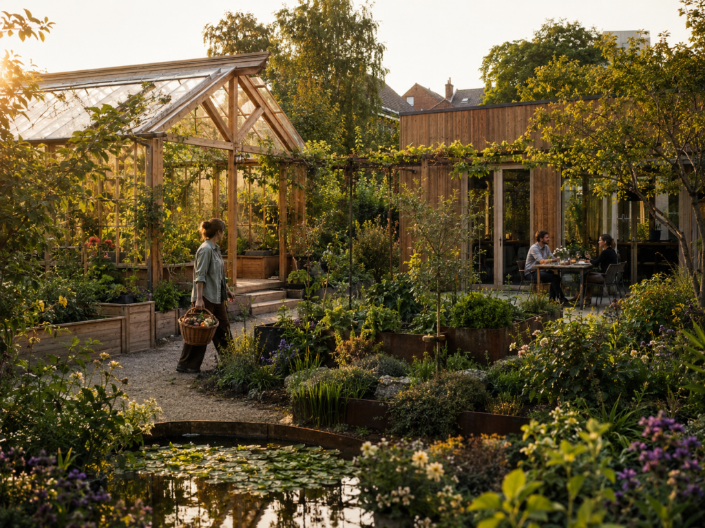 Espace de vie intégré à un jardin nourricier avec cultures, arbres fruitiers et biodiversité