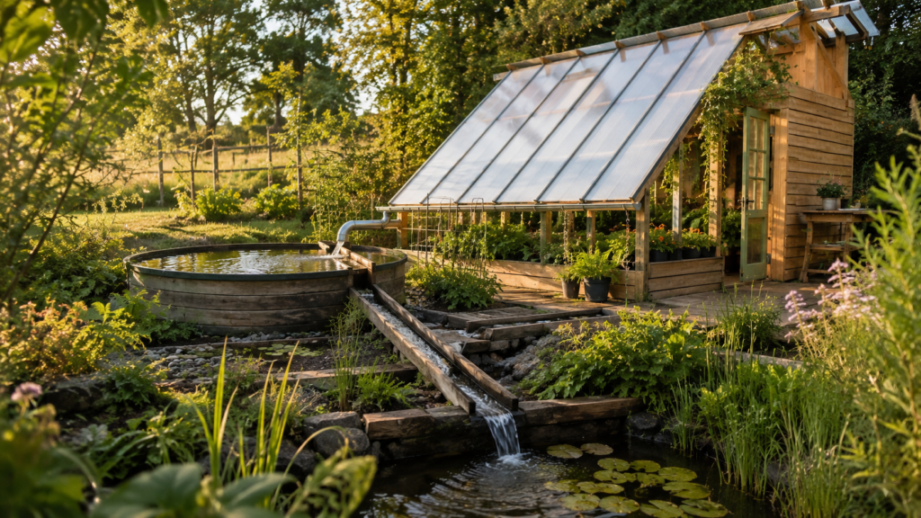 Gestion intégrée de l’eau reliant toiture, réserve et cultures dans un jardin